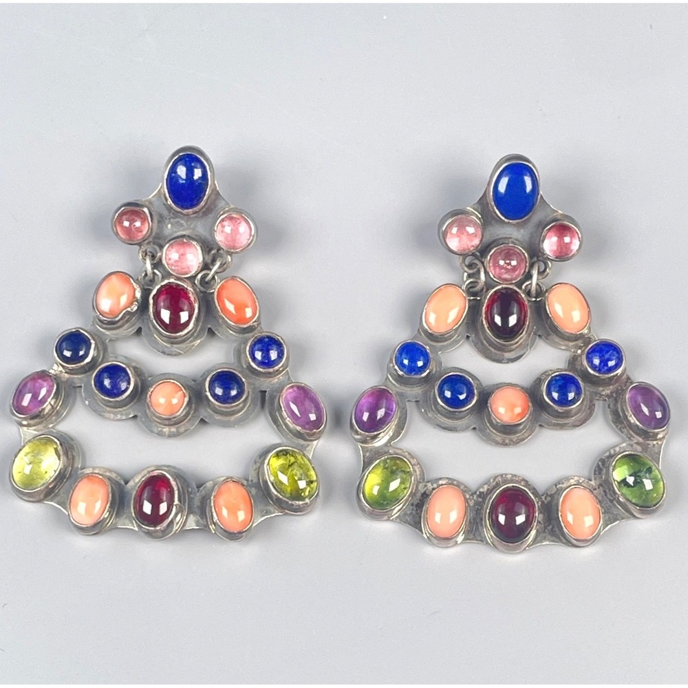 Nakai Navajo Sterling Lapis Garnet Coral Peridot Tourmaline Earrings 2"